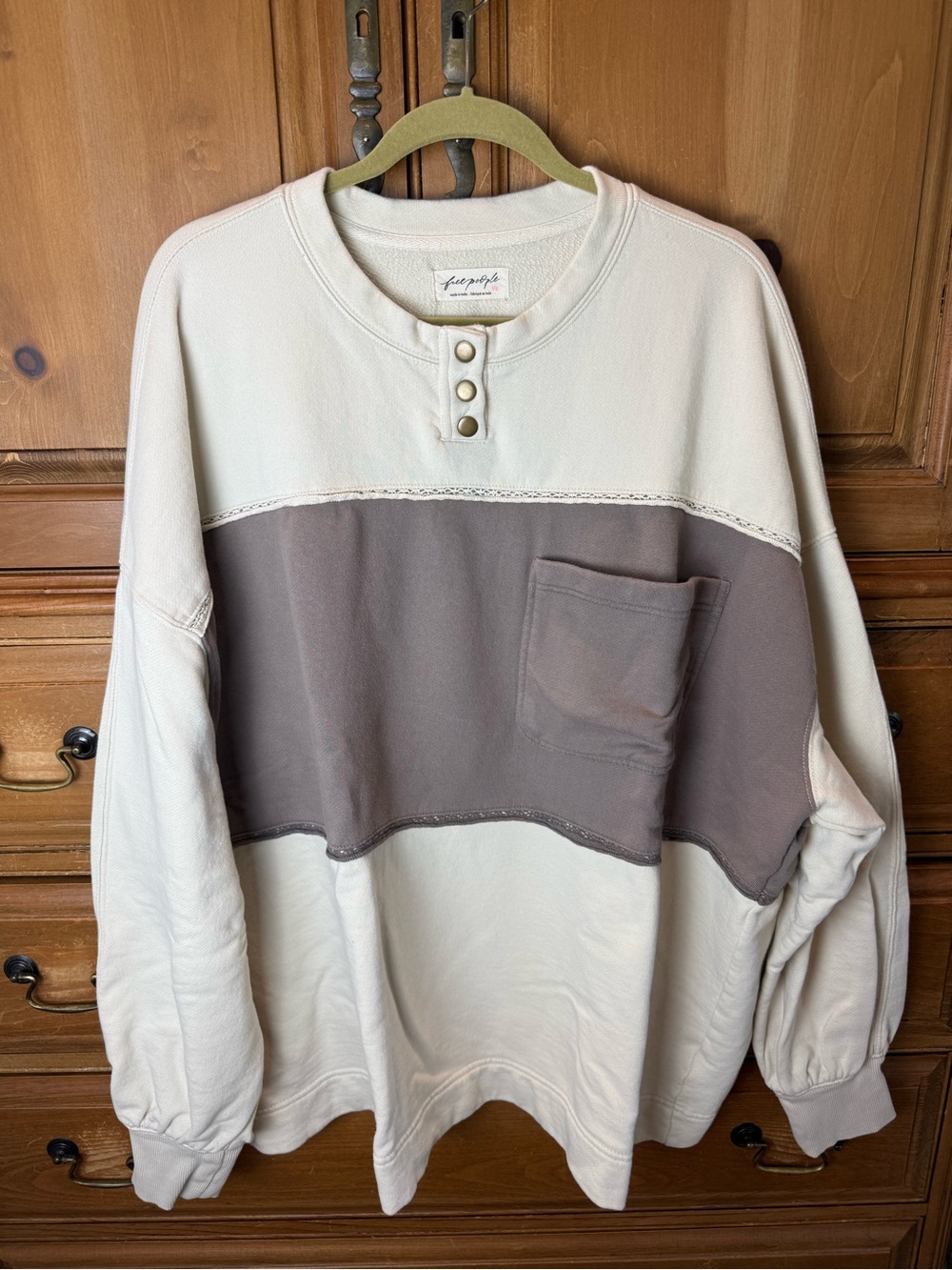 Free People Cream and Brown Colorblock Henley Oversized Sweatshirt